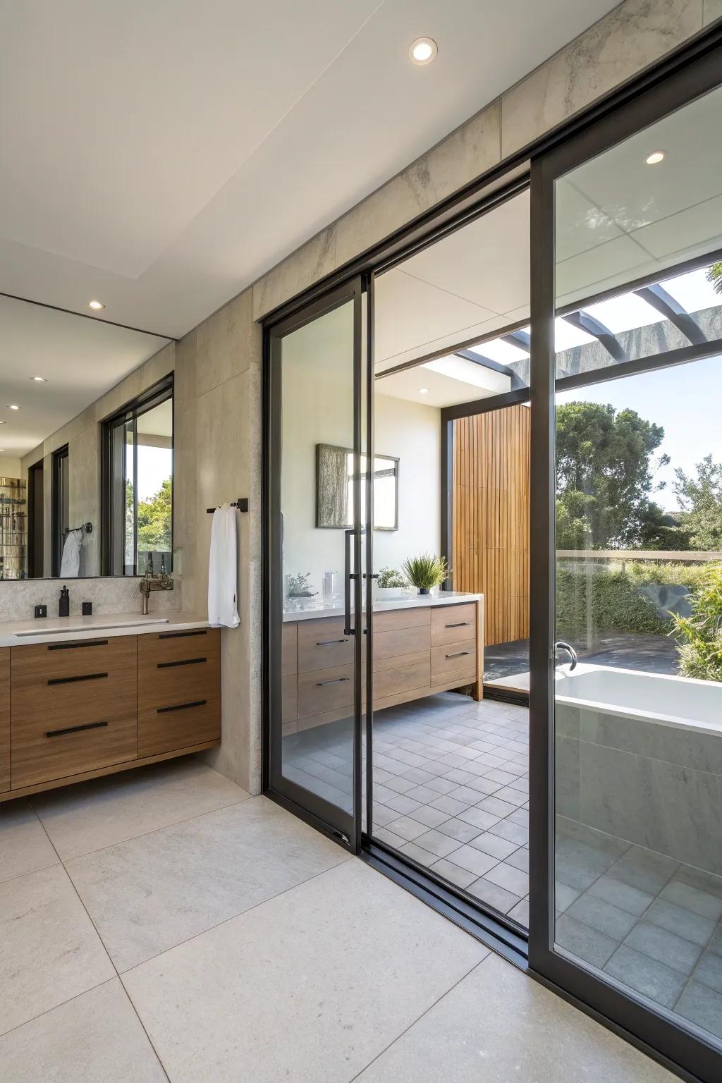 Sliding doors work as multipurpose space dividers, joining or separating rooms as needed.