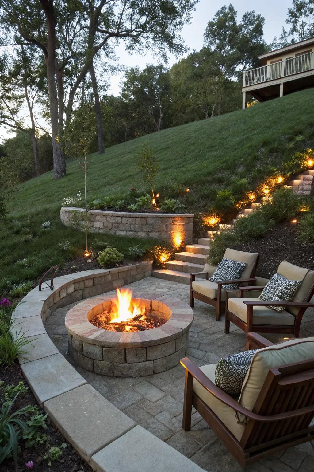 A snug bonfire spot becomes the central attraction of this layered garden.