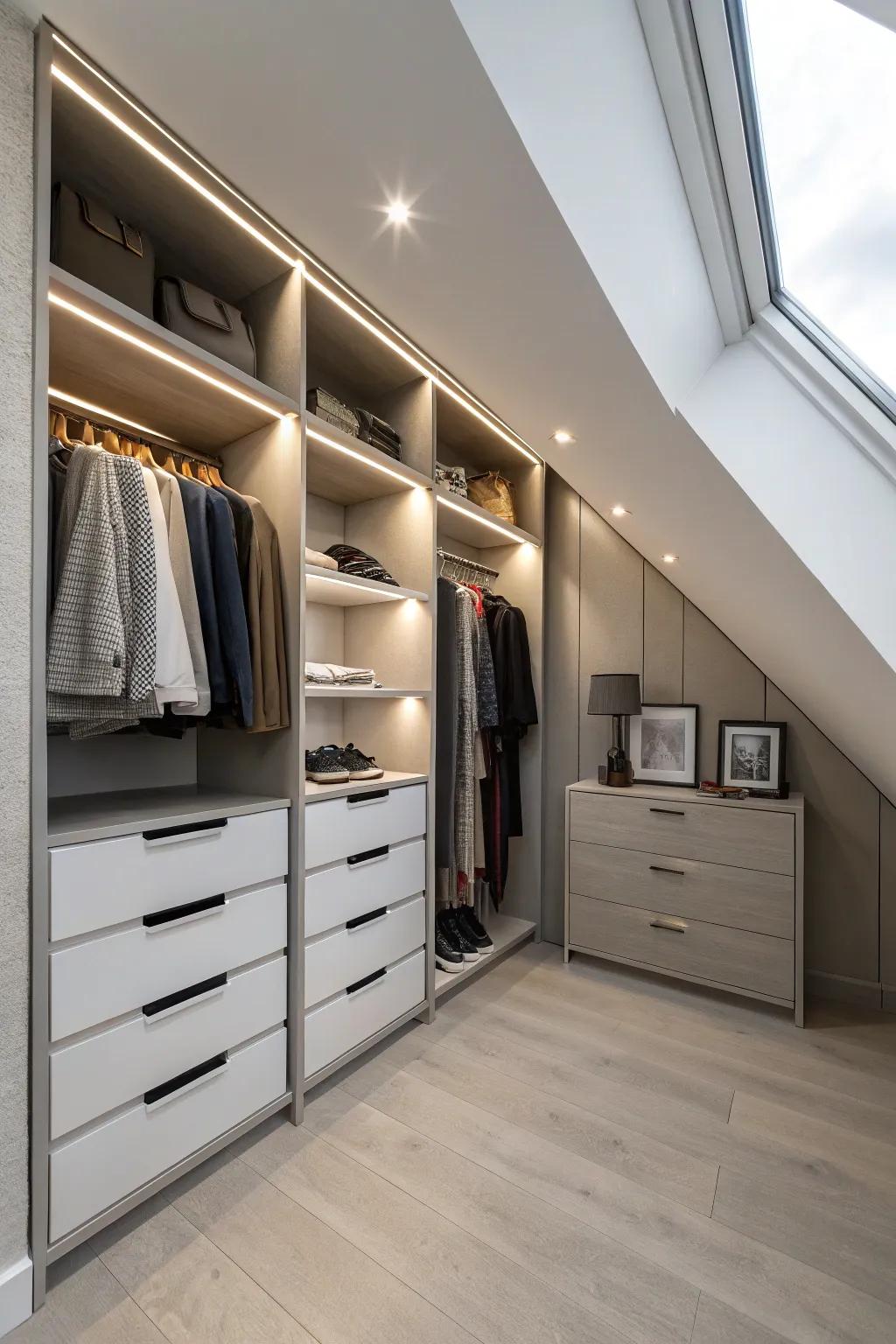 Built-in lighting brightens up your closet, making every corner visible and welcoming.
