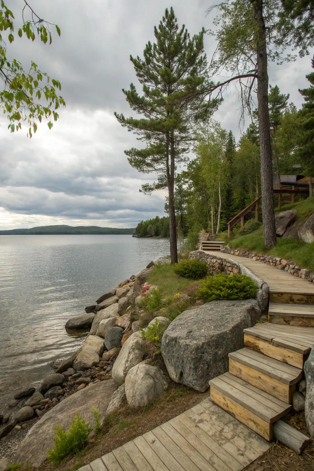 Natural materials add to the rustic charm of this lakeside property.