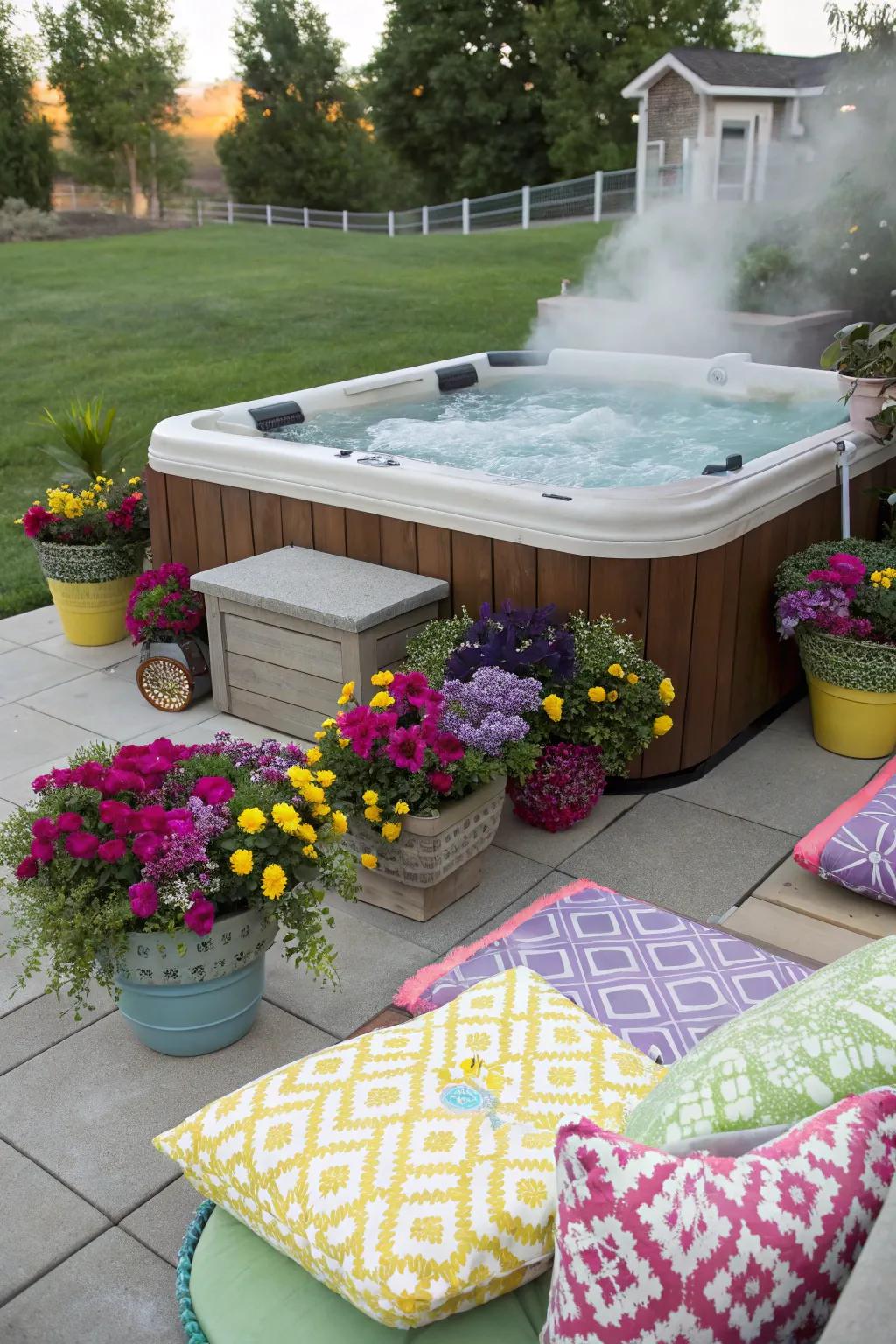 A backyard hot tub area featuring vibrant planters and decorative pillows.