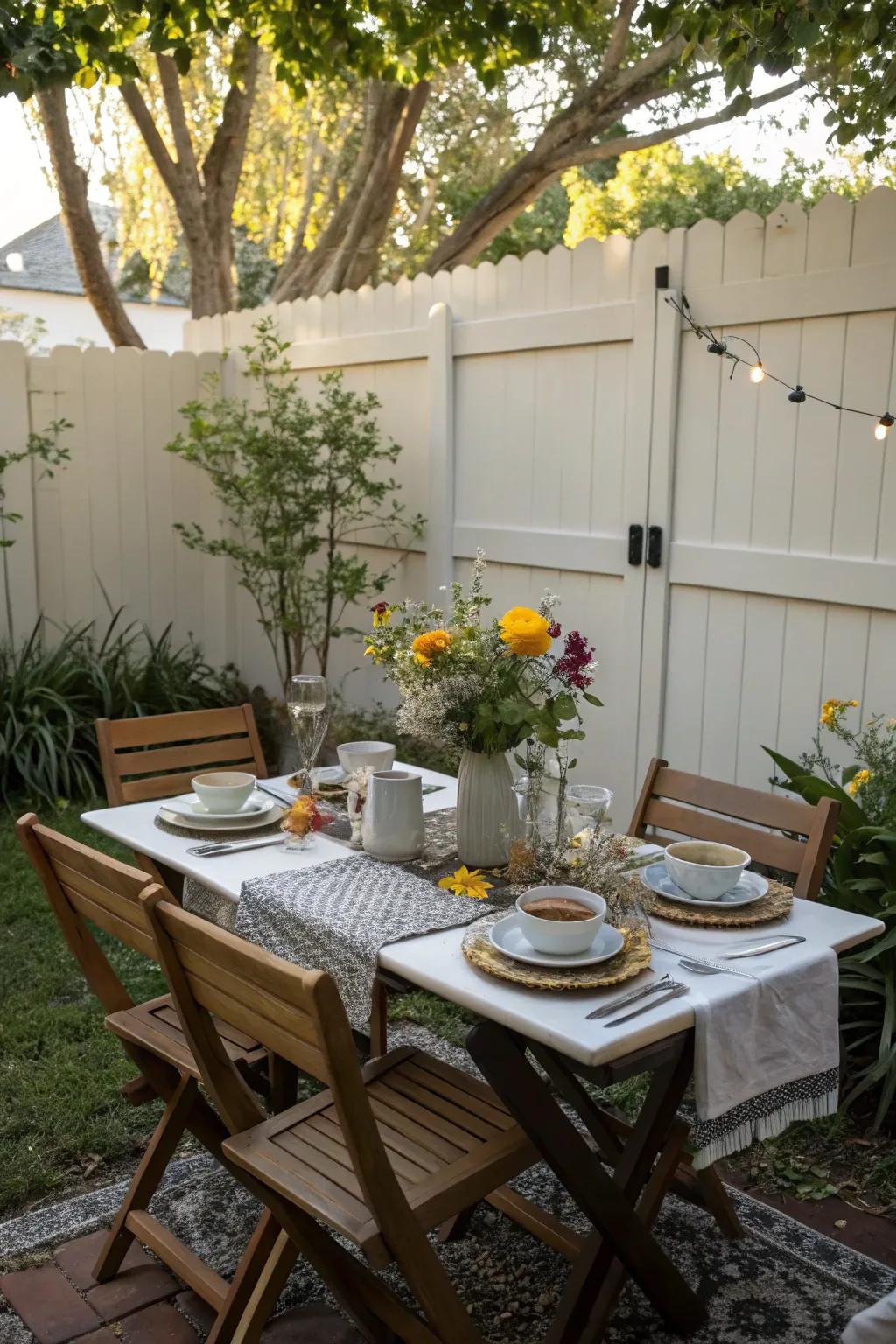 Savor meals in the open air with a cozy dining setup.