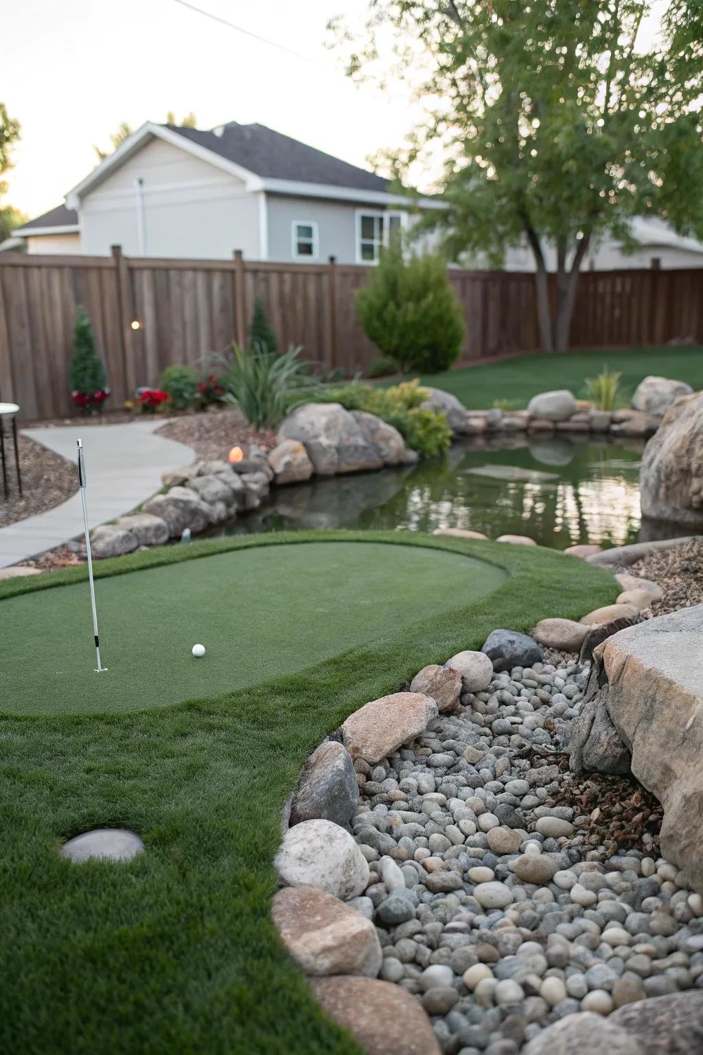 A putting green beautifully integrated with a pond and rock garden.