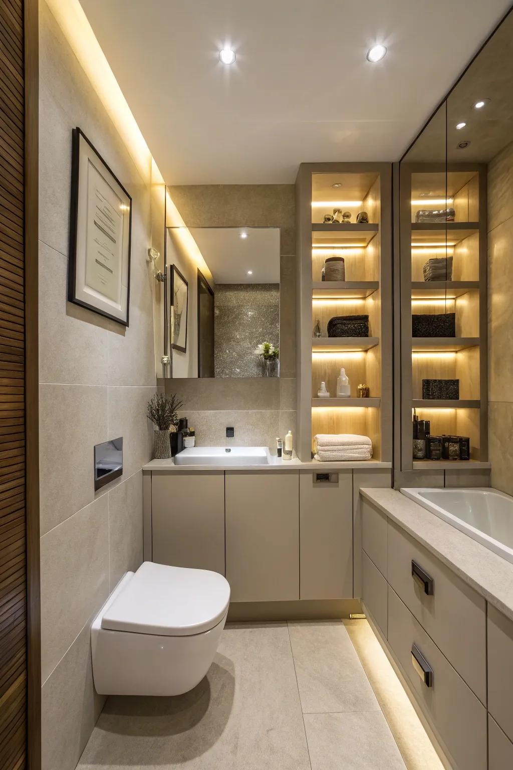A small bathroom featuring in-wall storage for a streamlined appearance.