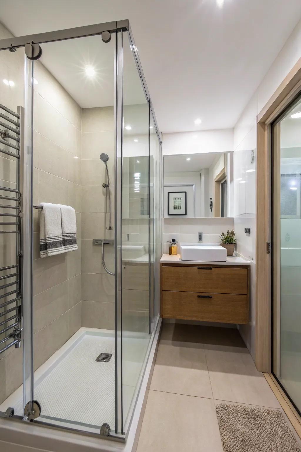 Glass shower enclosures help maintain an expansive feel.