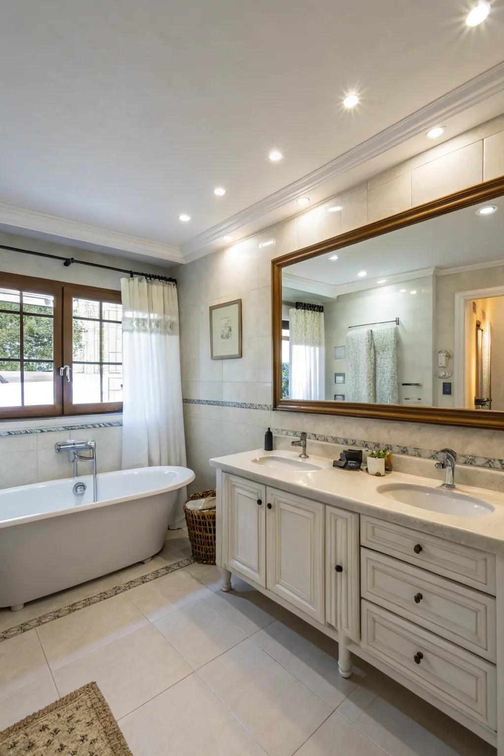 Large mirrors amplify light and space in a small bathroom.