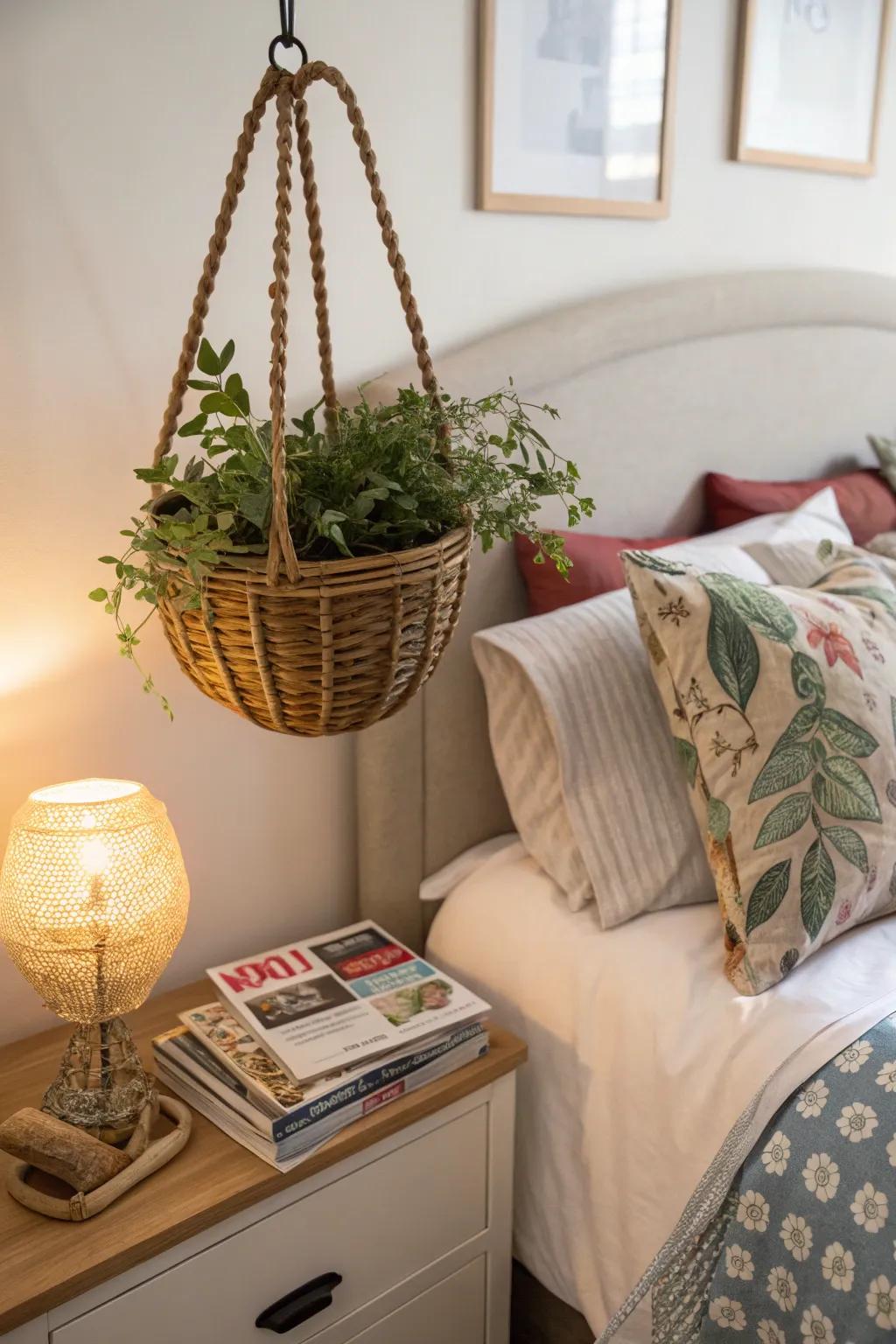 A hanging basket delivers a unique and space-saving bedside storage solution.