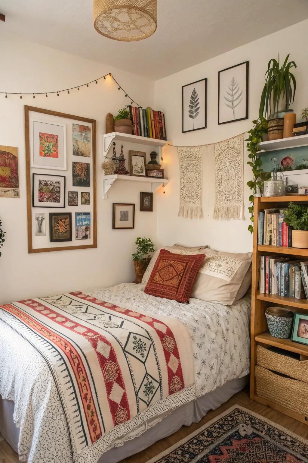 Personal art and decorations personalize this compact boho bedroom