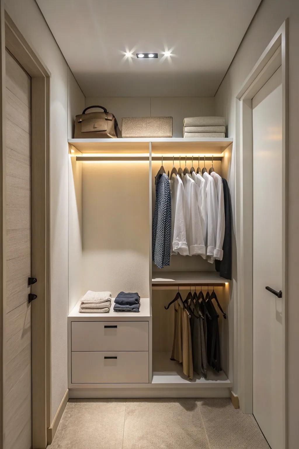 Minimal lighting complements a tidy closet.