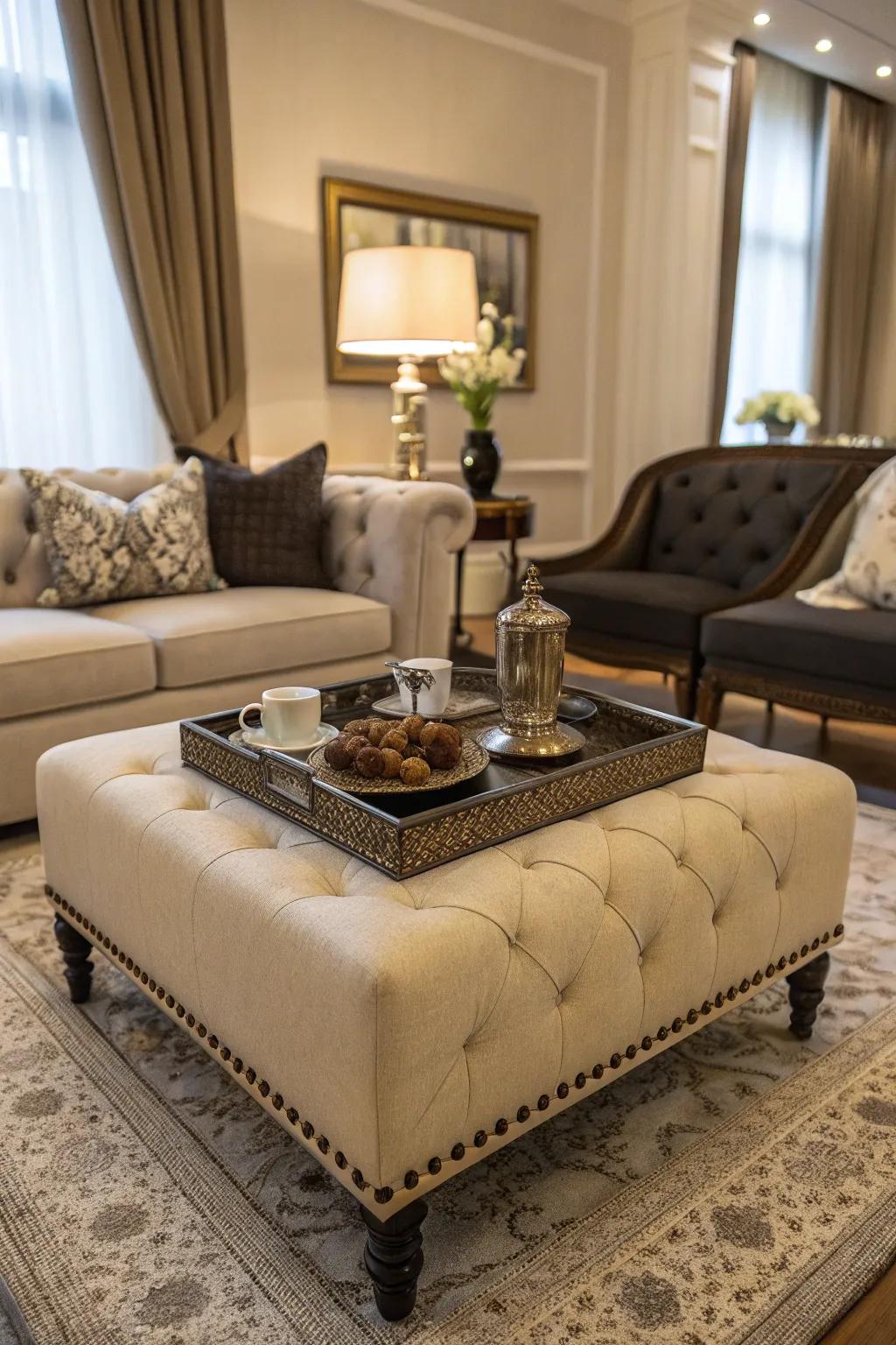 Ottomans with trays flawlessly merge comfort and utility.