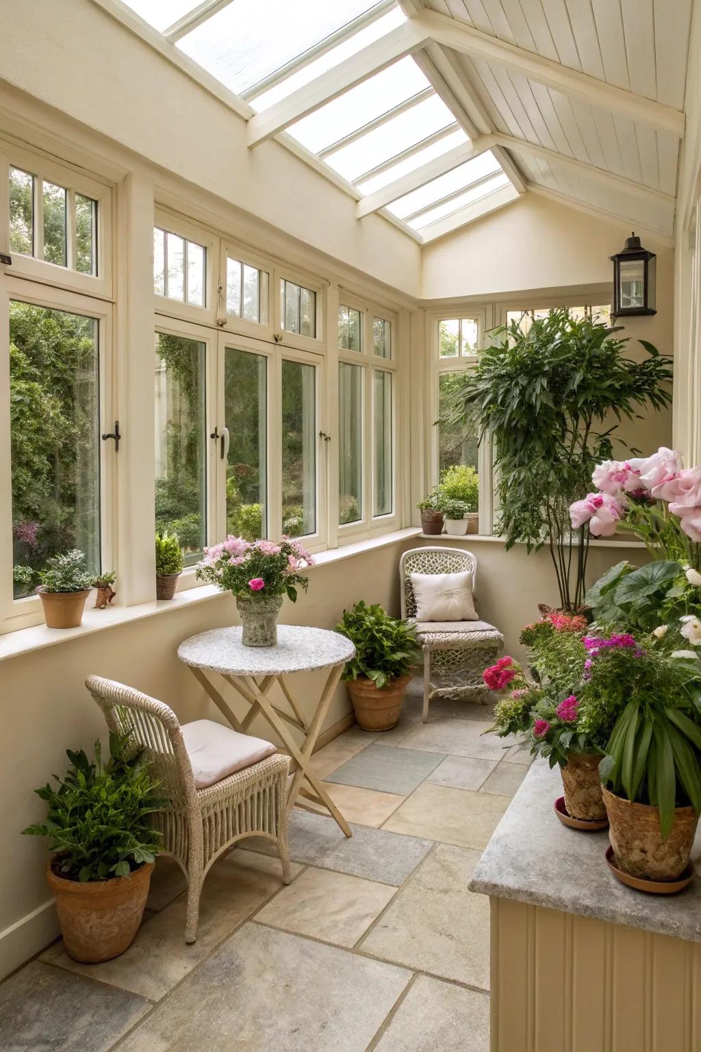 Light colors enhance the airy feel of small sunrooms.