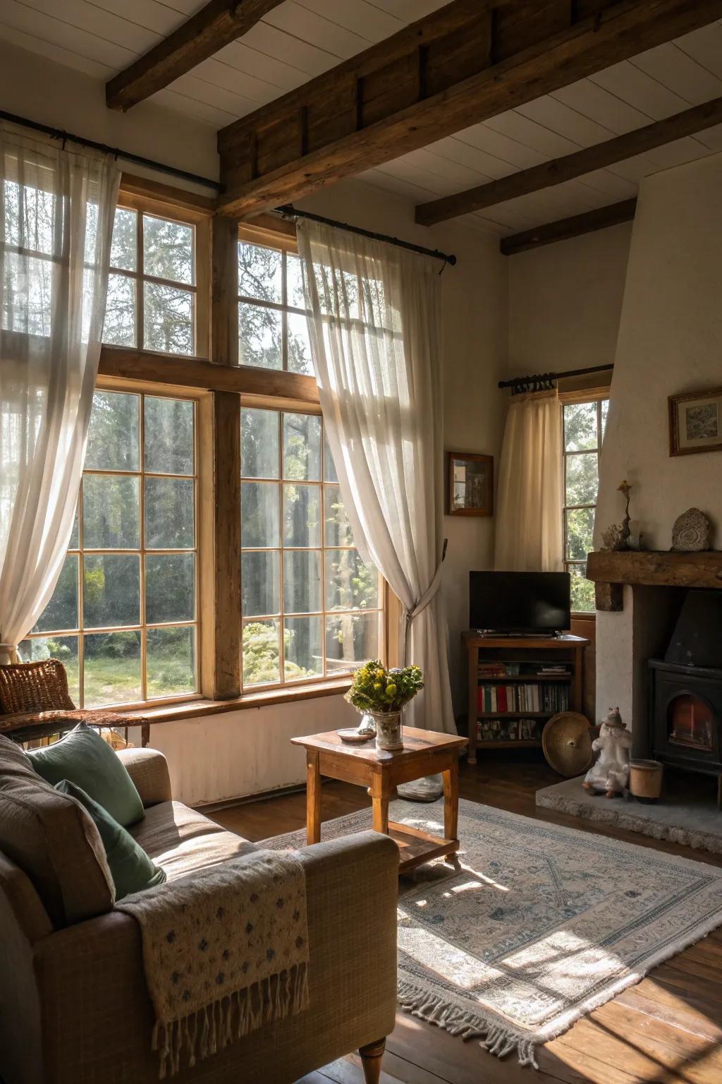 Sunlight floods this cottage living room, enhancing its space.