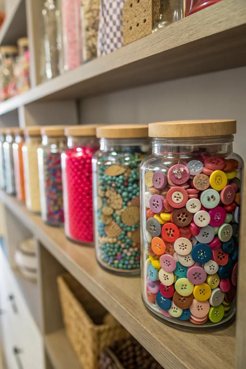 Decorative jars keep small items organized and add a personal touch to your creative room.