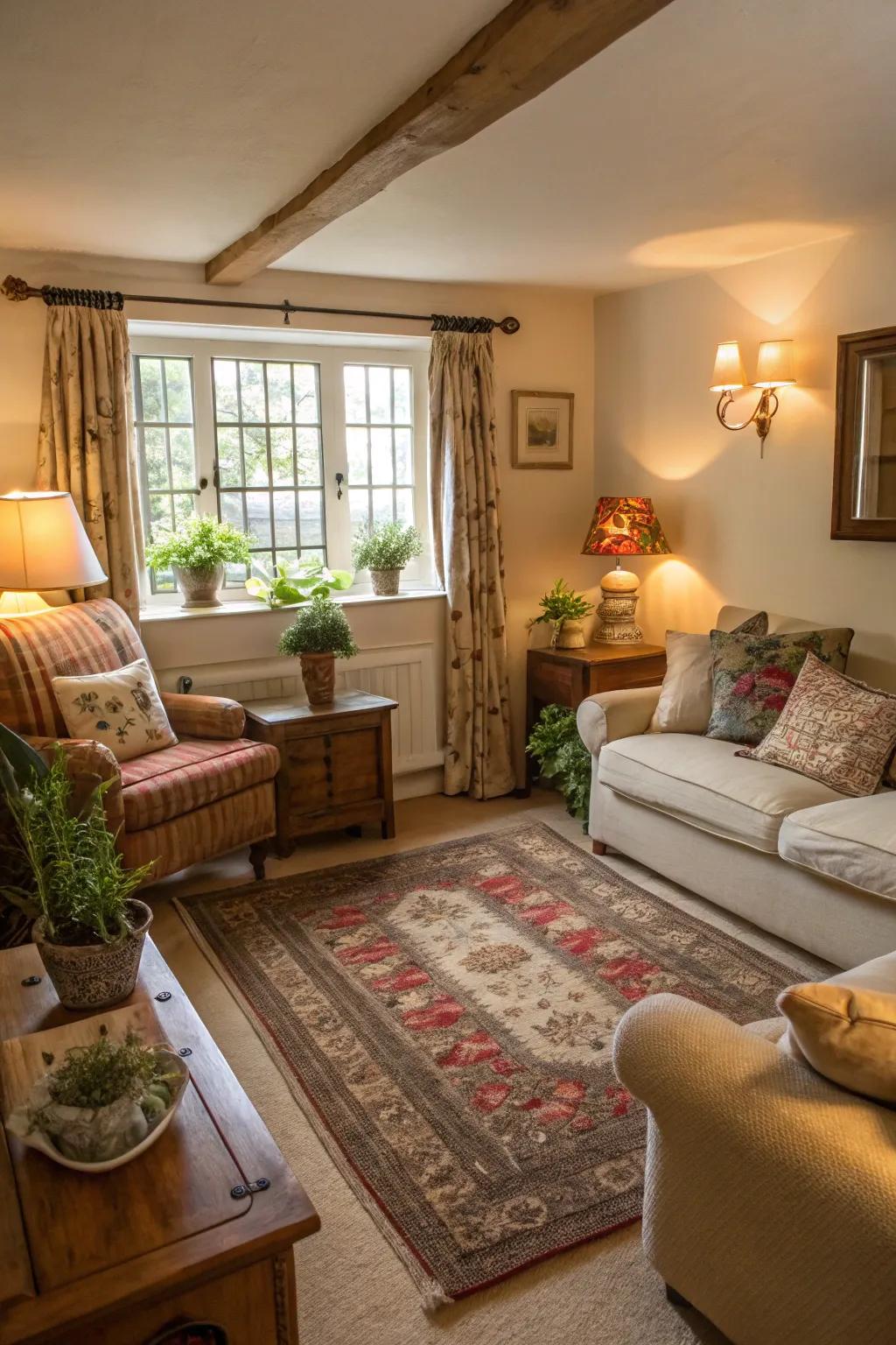 Comfortable enhancements such as rugs and lamps complete this cottage living space.