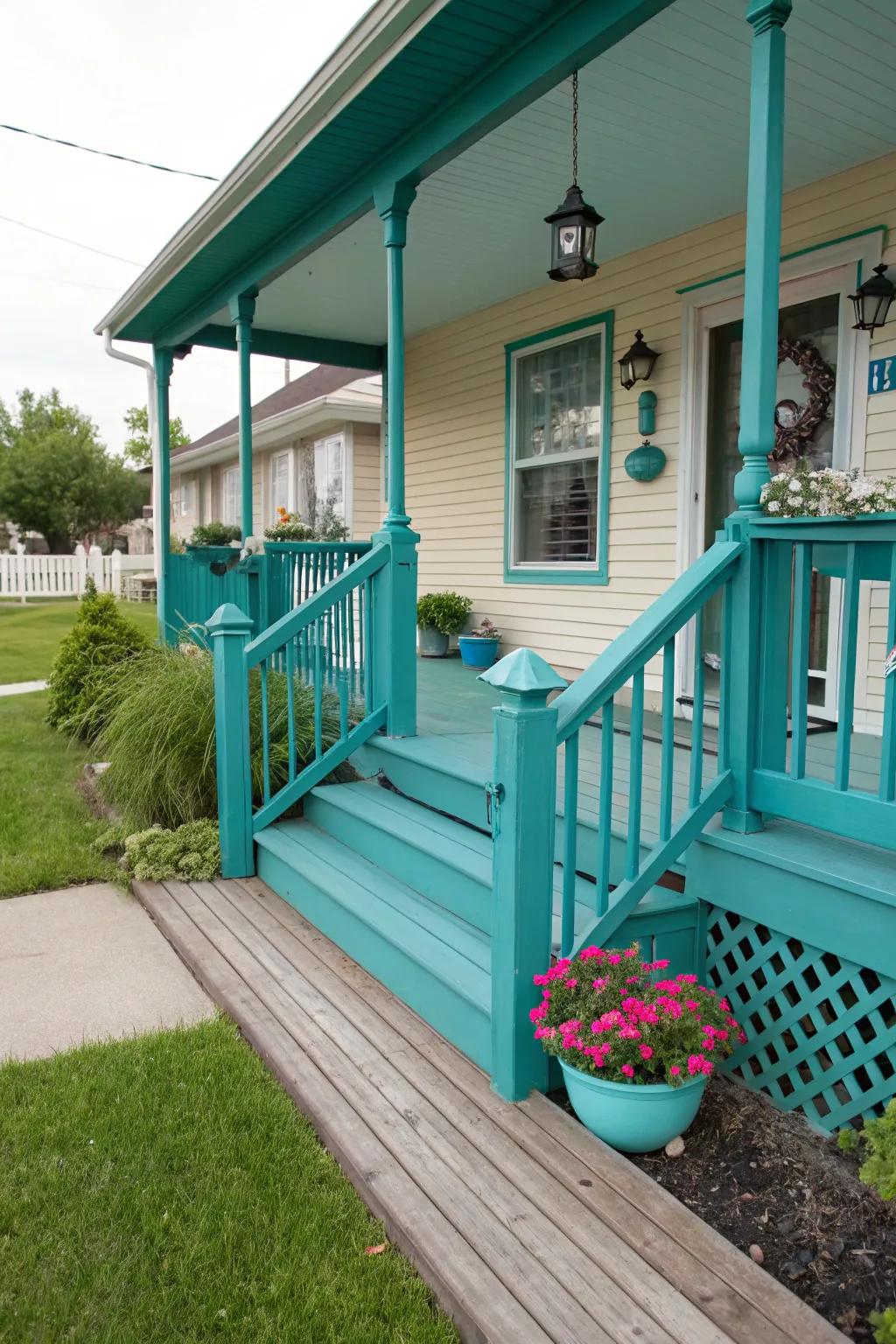 Turquoise highlights establish congruence with the dwelling's facade.