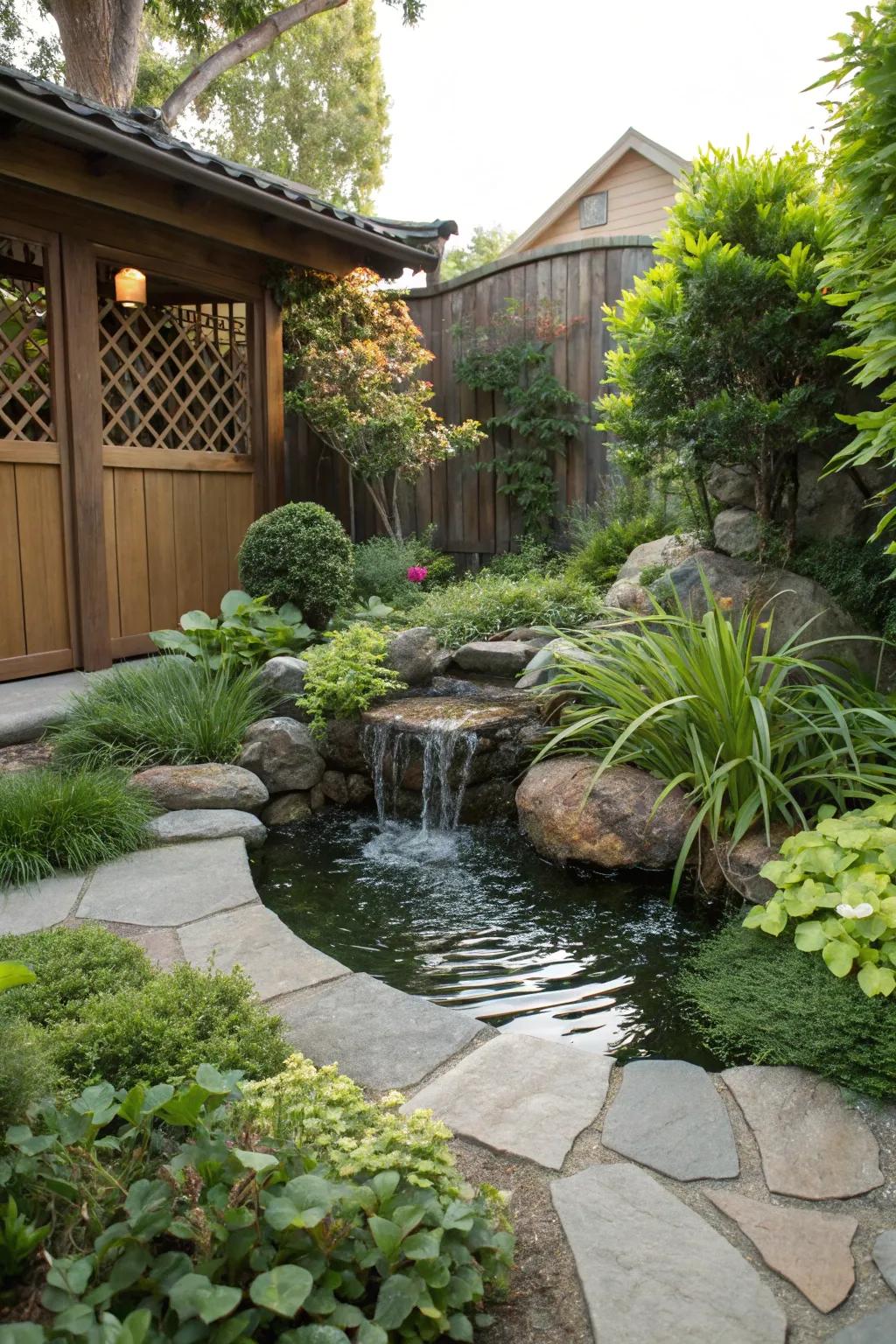 A serene water feature encircled by lush greenery.