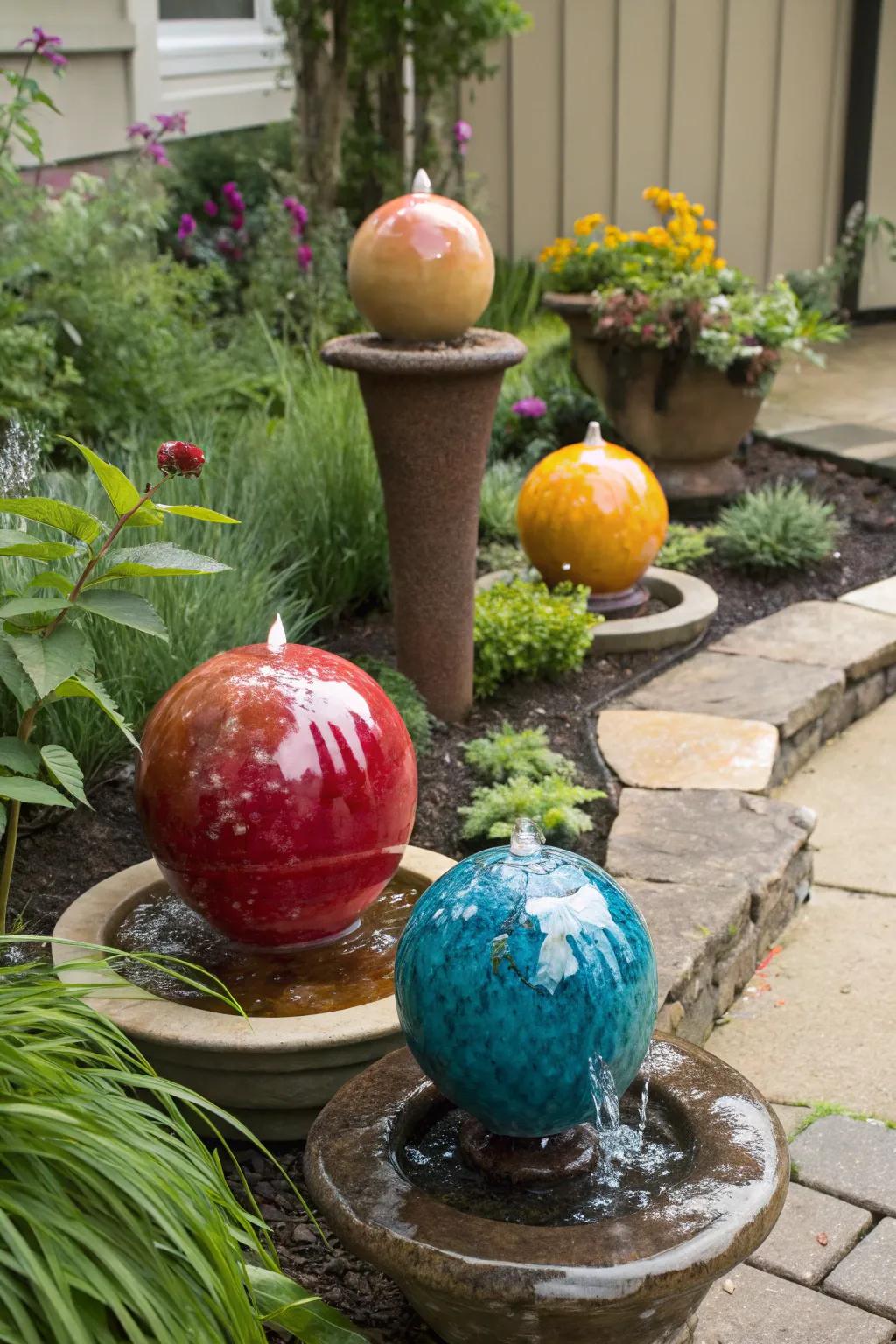 Ceramic orbs offer a colorful, artistic water feature.