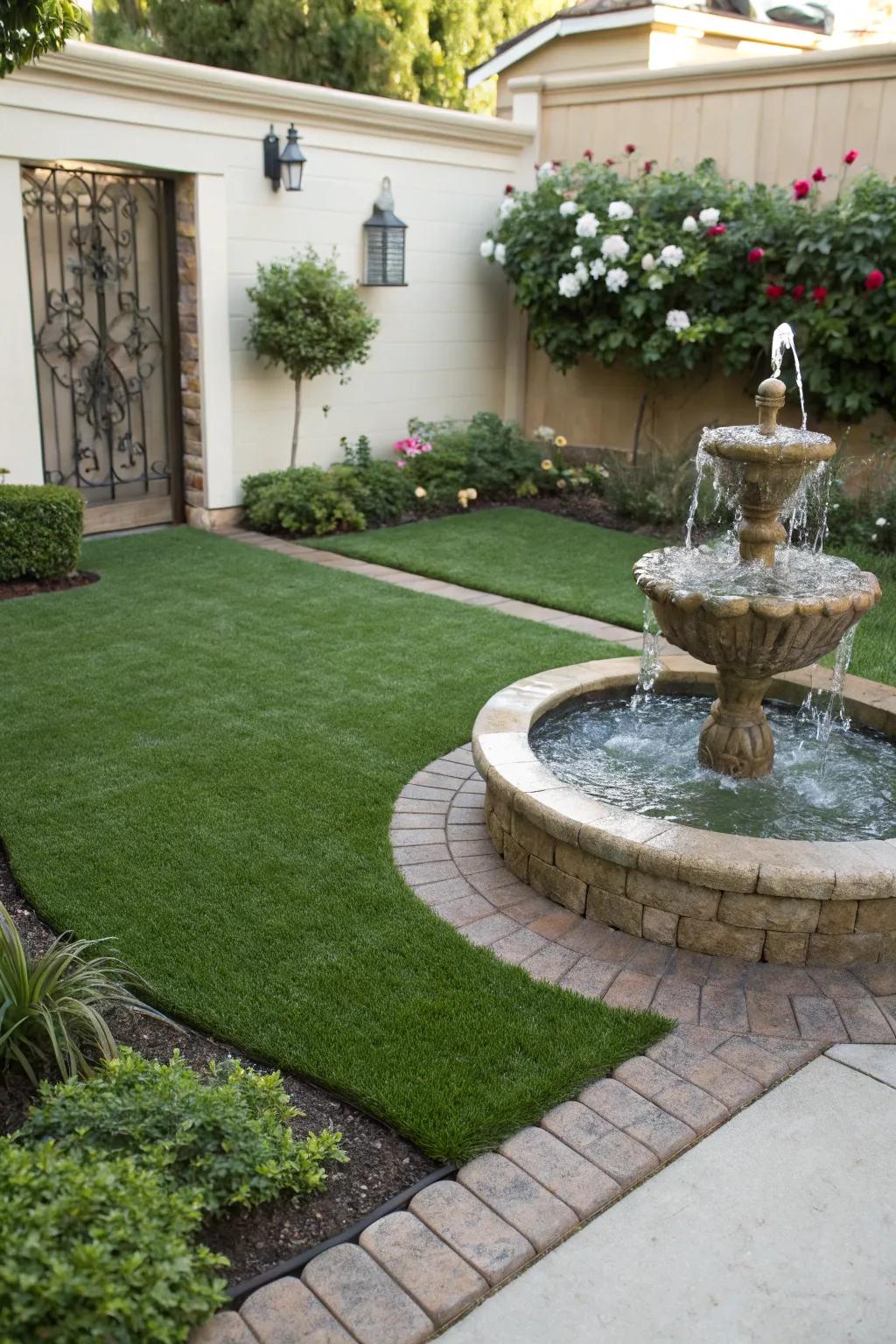 A small water feature adding tranquility to a synthetic turf garden.