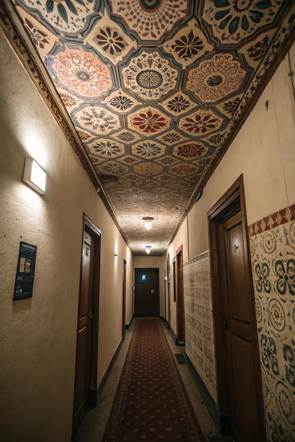 An interesting ceiling design can be a focal point in a small hallway.
