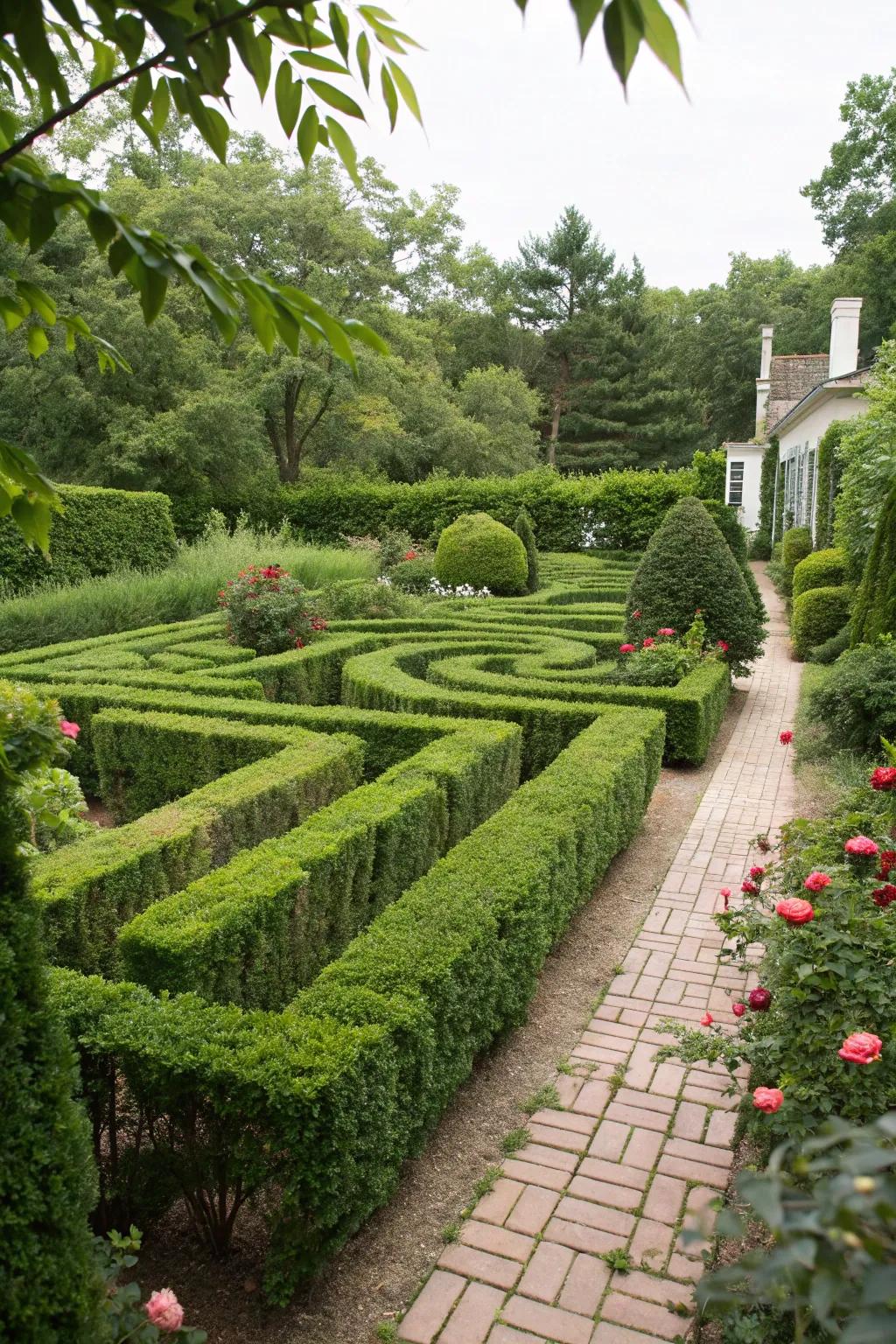 A charming hedge labyrinth introducing whimsy to the garden.