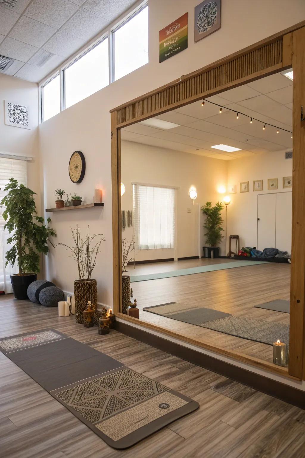 Yoga room featuring a large mirror that enhances light and space.