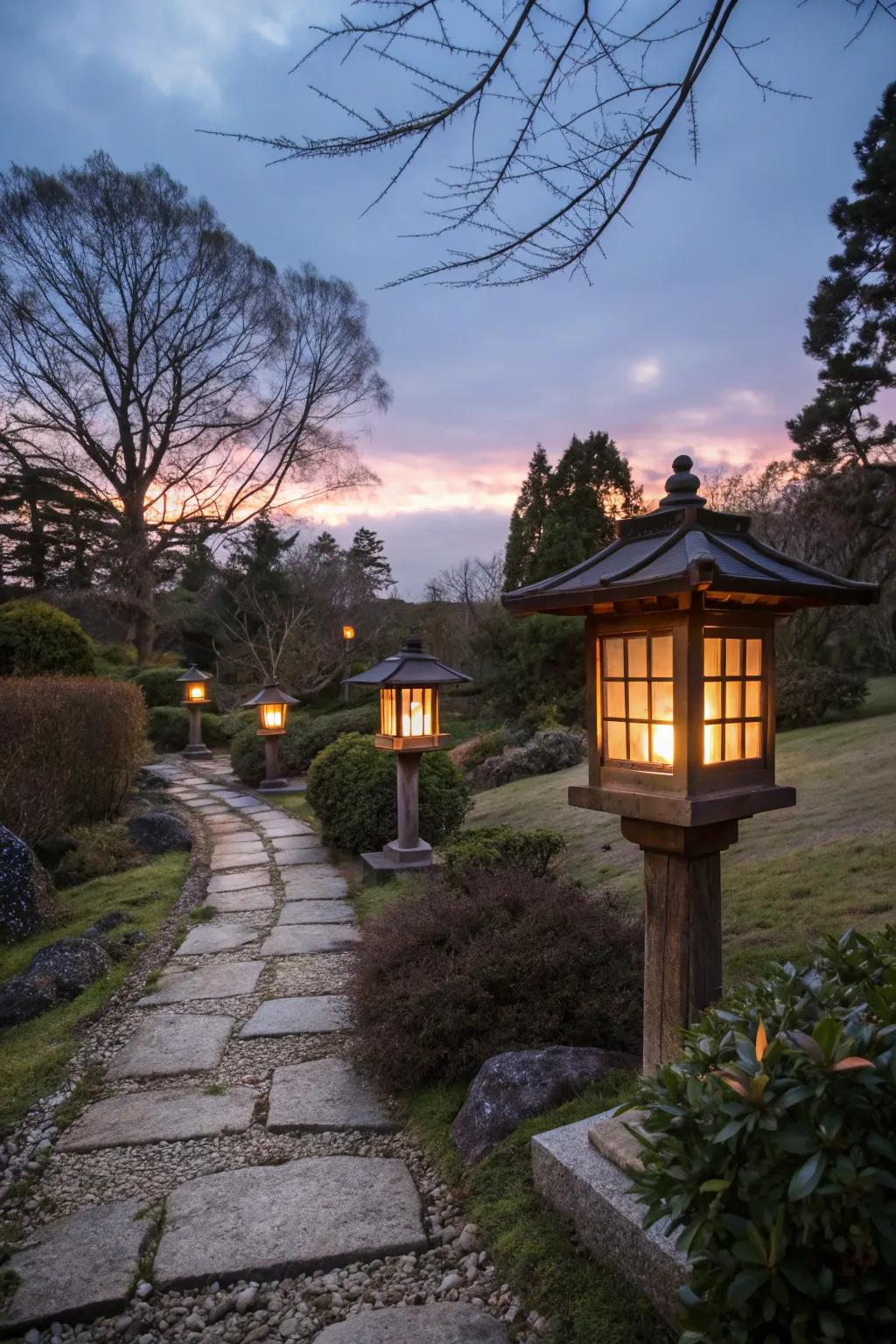 Japanese lanterns casting a magical glow as twilight falls.