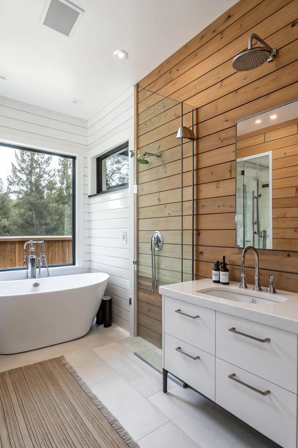 Wood paneling adds unique texture to a country bathroom.