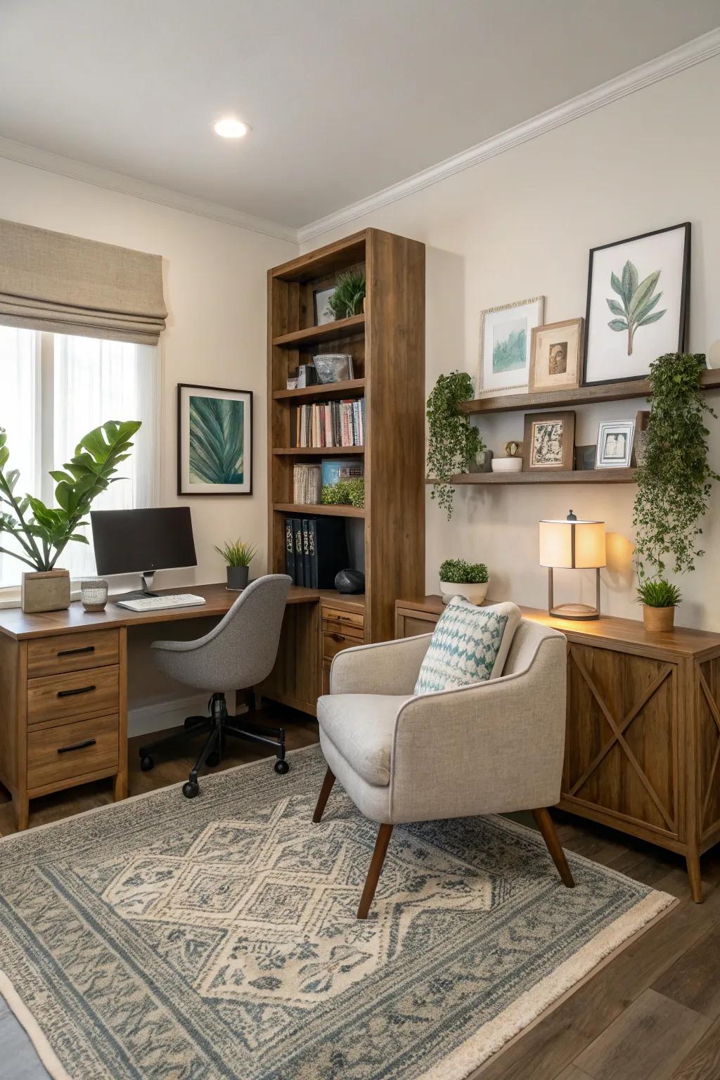Create a unified look by blending your office into the living room design.