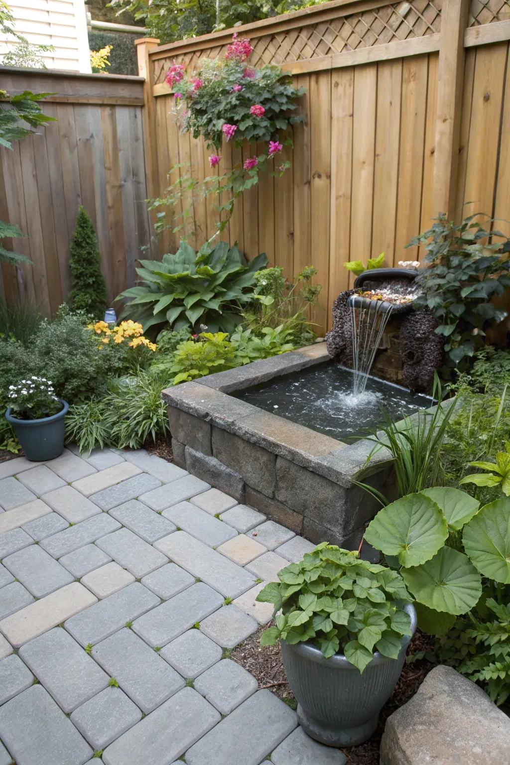 A serene patio featuring a calming water feature.