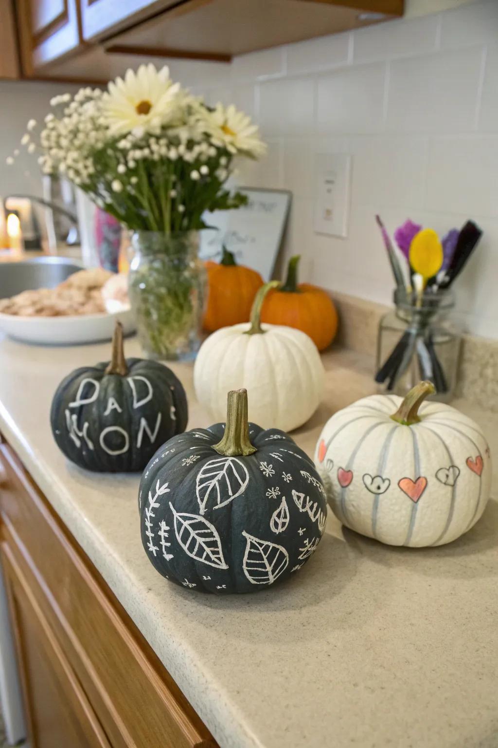 Chalkboard pumpkins provide a customizable decor choice for any event.