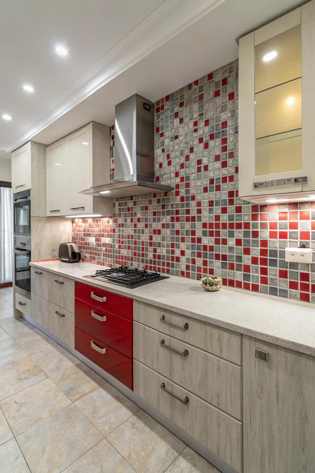 Artistic crimson and gray patterned tiles adding a unique flair.