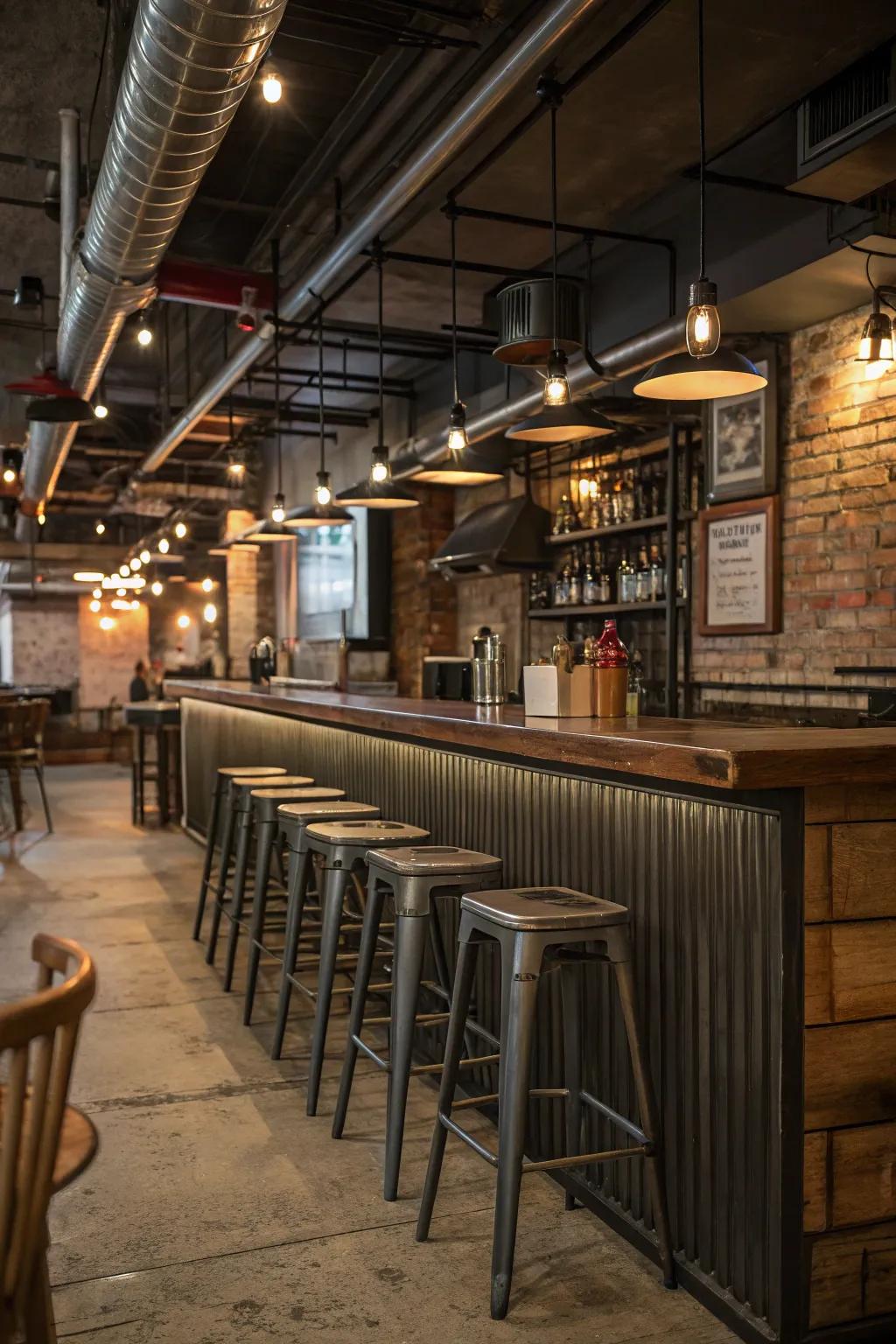 Industrial aspects give a fashionable edge to a compact restaurant bar.
