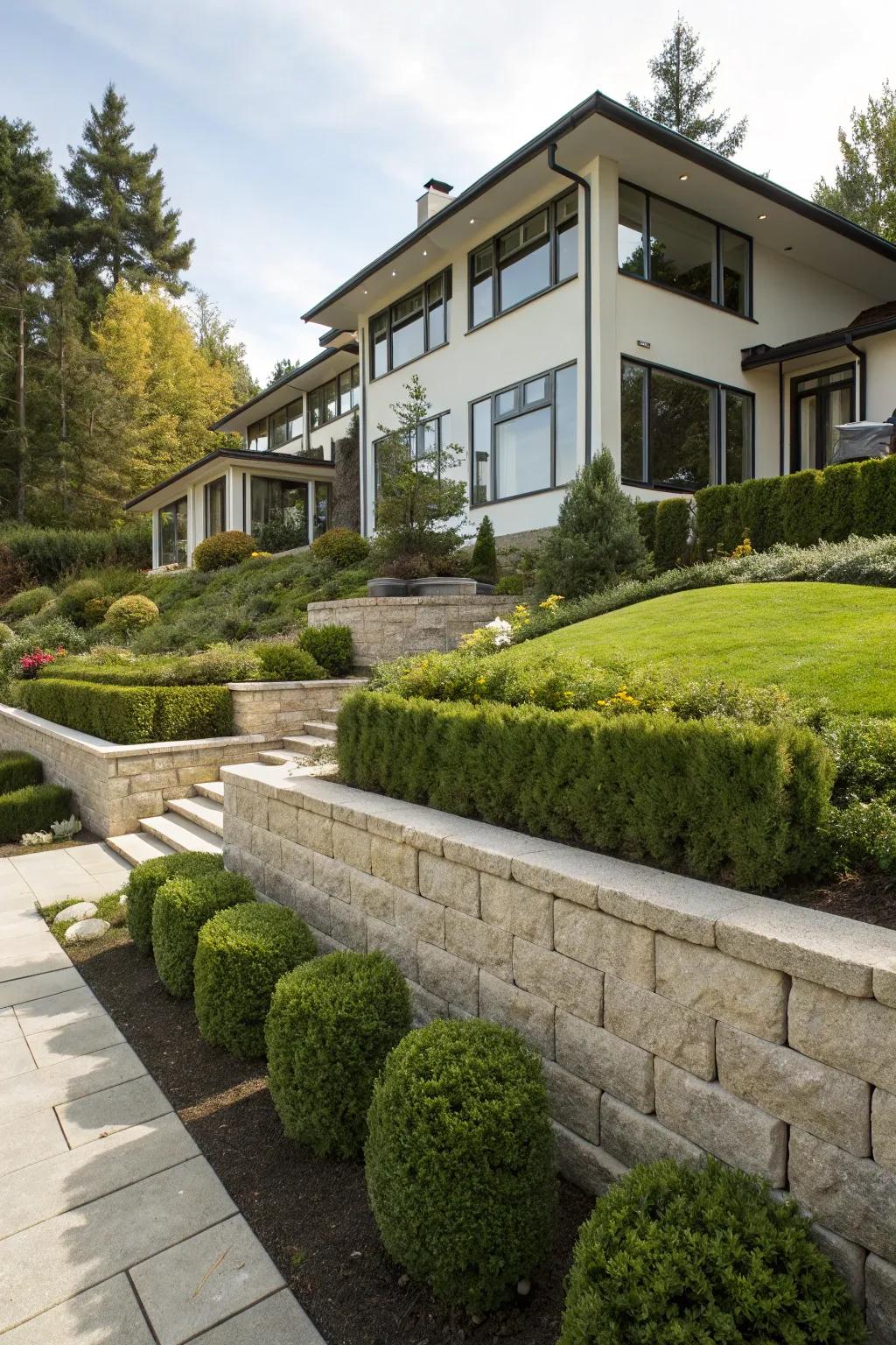 Contrasting retaining structures establish stylish coherence with exteriors.