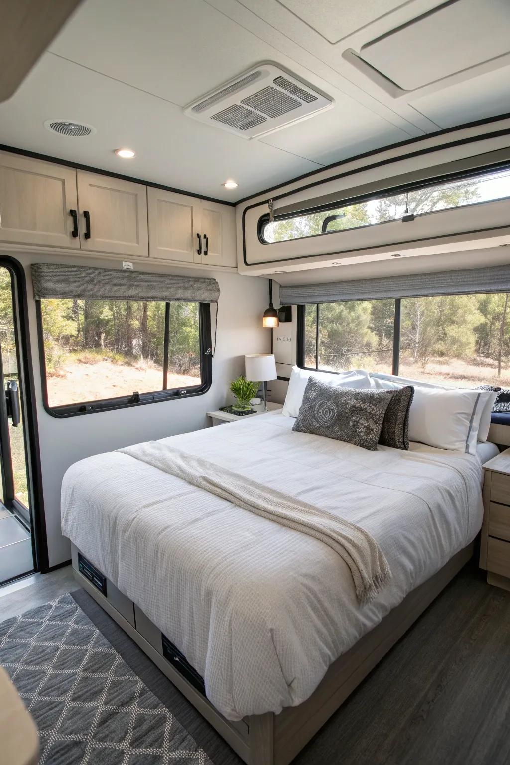 Minimalistic designs help keep your RV bedroom free of clutter and feeling spacious.