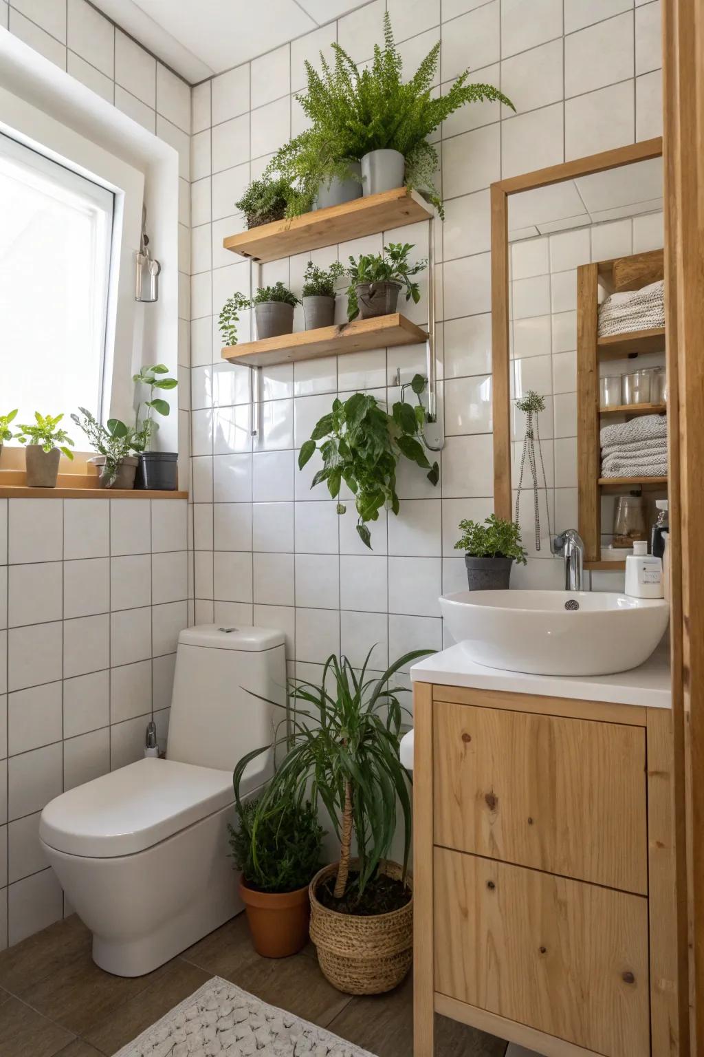 Plants bring freshness and life to a small bathroom.