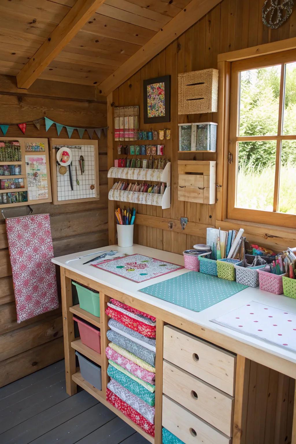 A neatly organized crafting corner inside a small shed.