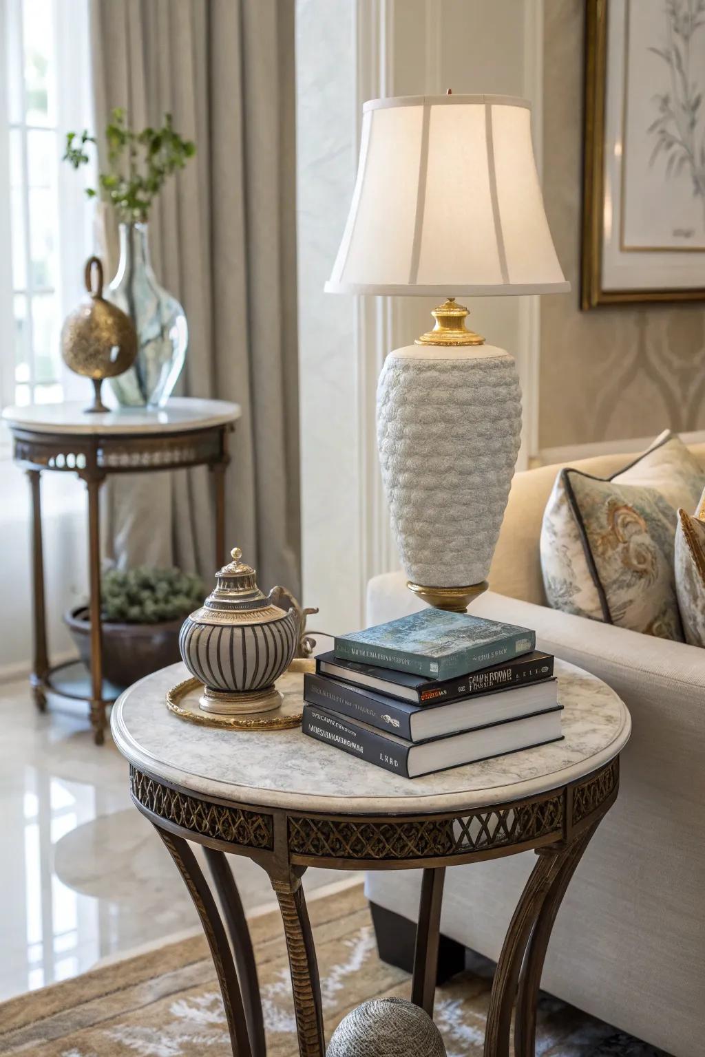 Layered heights introduce visual interest to a side table.