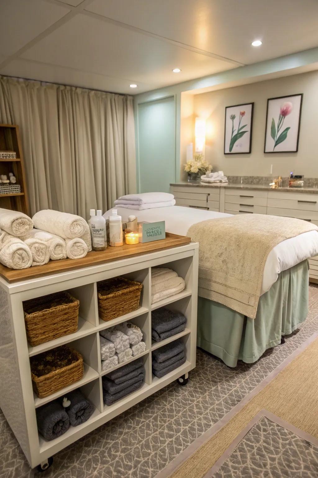 Hidden storage under tables in a compact spa room