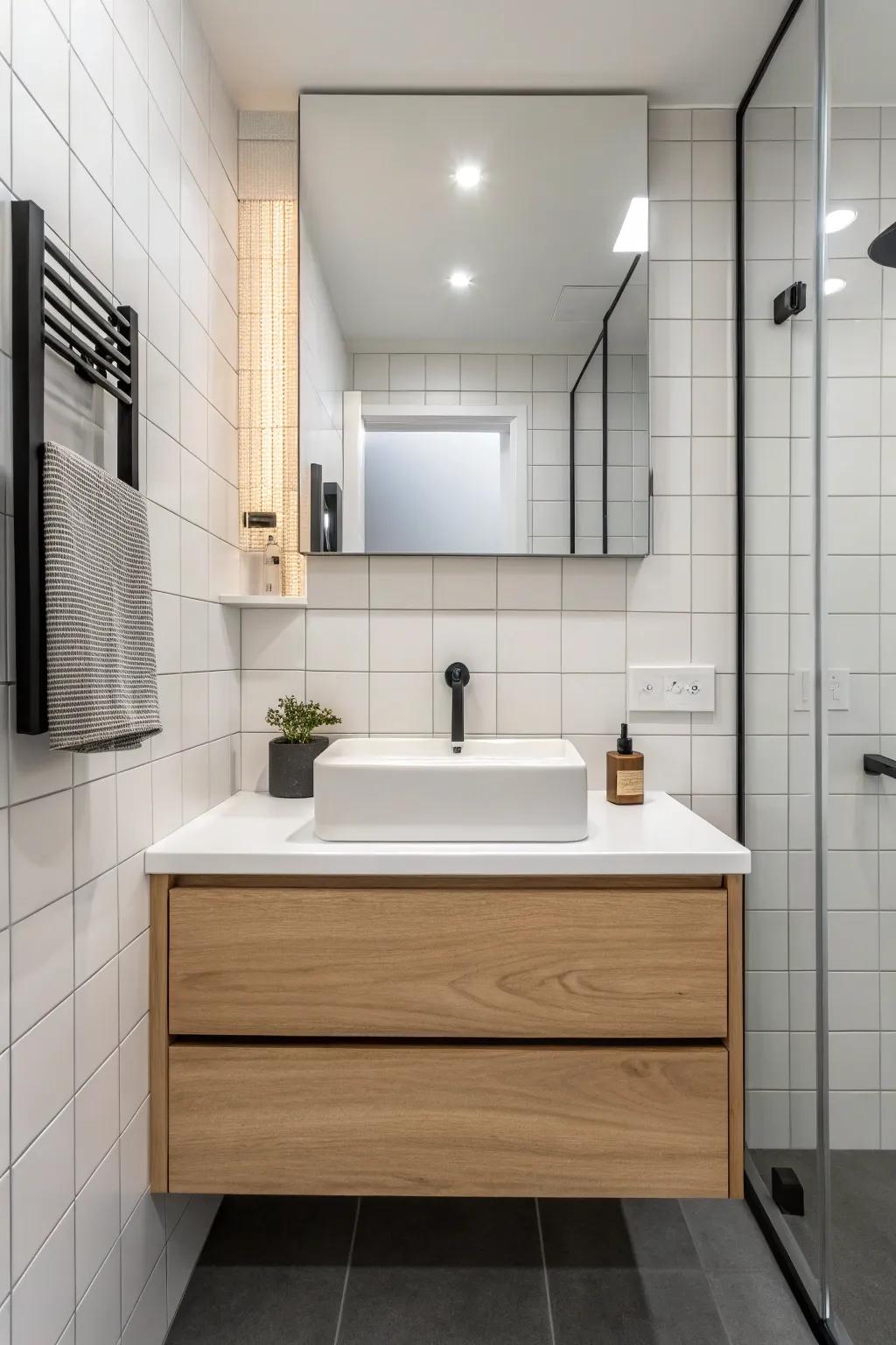 Floating vanities enhance visual space and design.