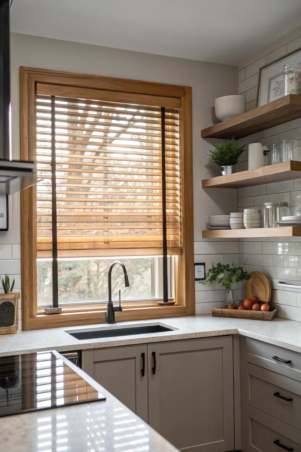 Imitation timber blinds are functional and stylish within areas susceptible to moisture.
