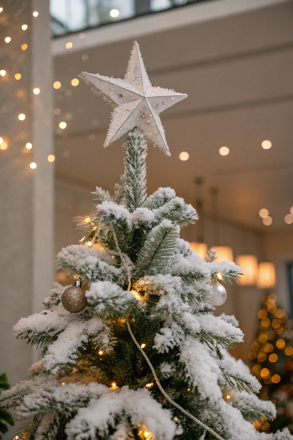 A star tree-topper adding a classic touch to a snowy Christmas tree.