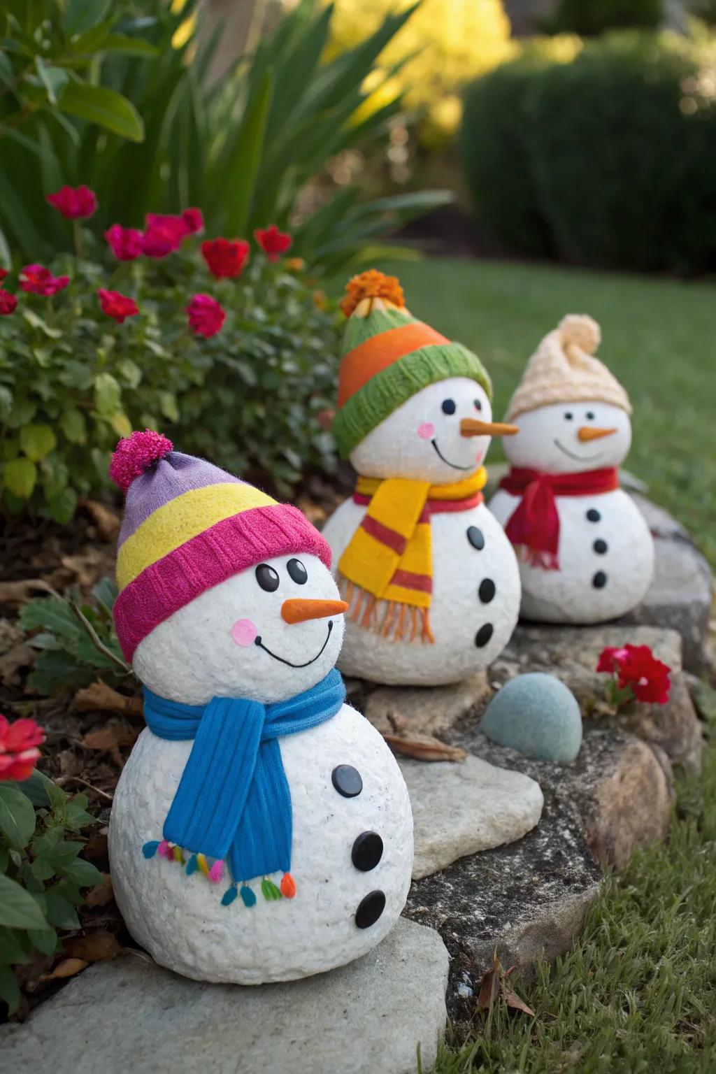 Painted rock snowmen add a whimsical touch to any space.