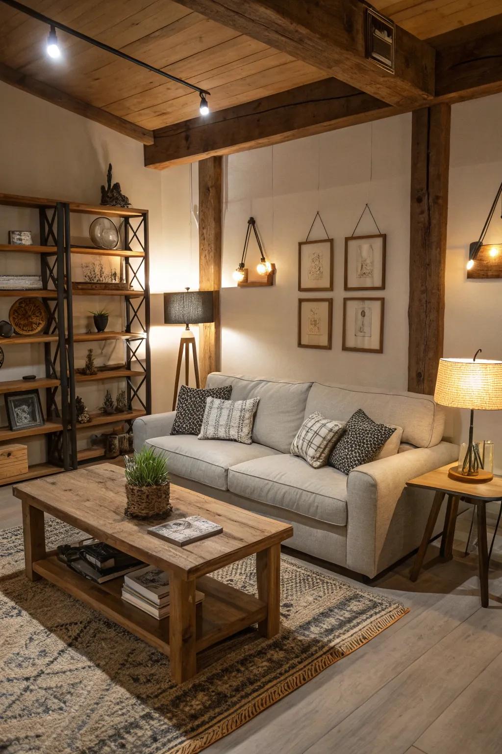 Rustic elements meet modern design for a cozy living space.