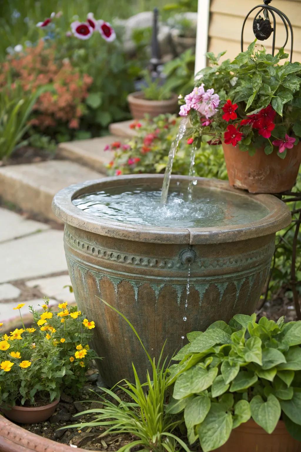 An old pot repurposed into a charming solar-powered fountain.