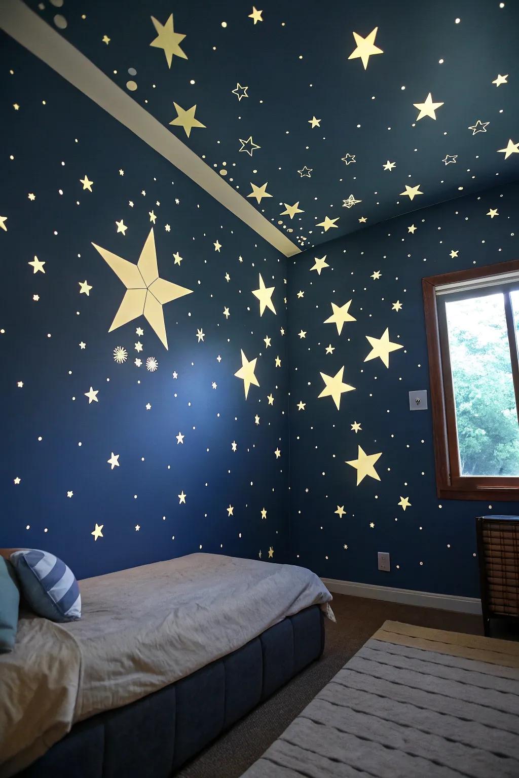 A dark color scheme with star features establishes depth.