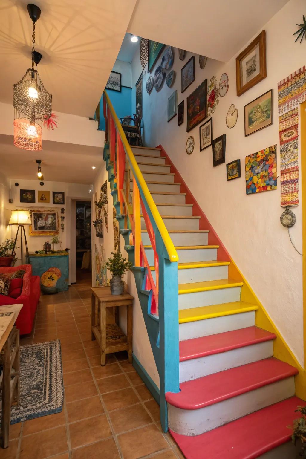 Bold color accents on a staircase add personality to a small space.