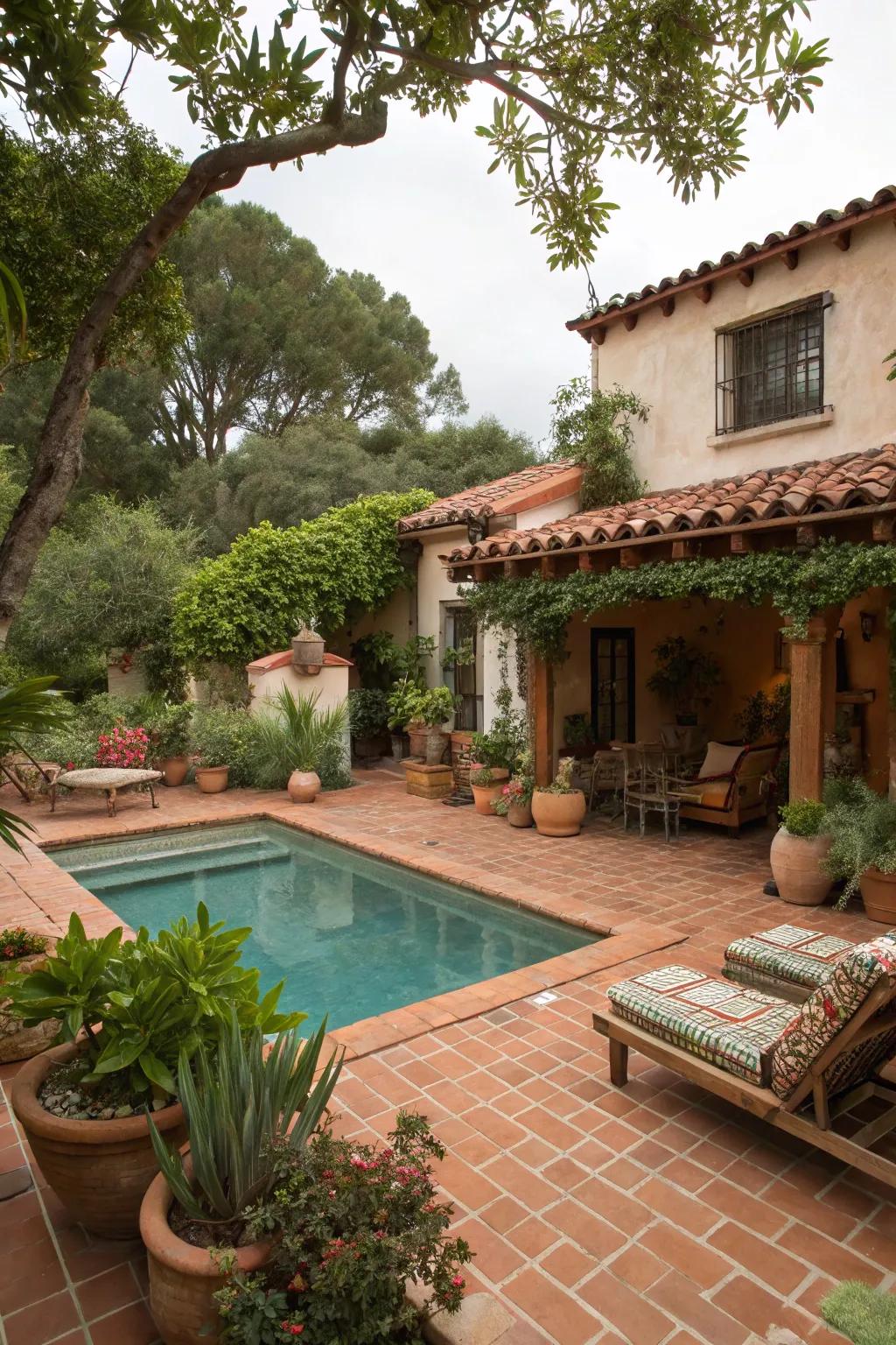 Earthy tones in cushions and decor bring warmth to this Spanish-style retreat.