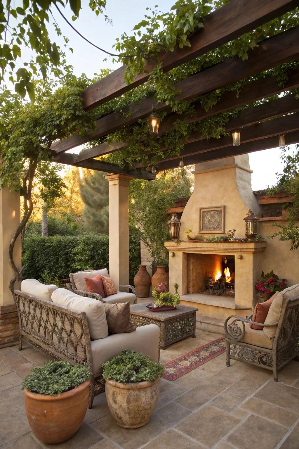 An outdoor fireplace enhances the pergola's ambiance.