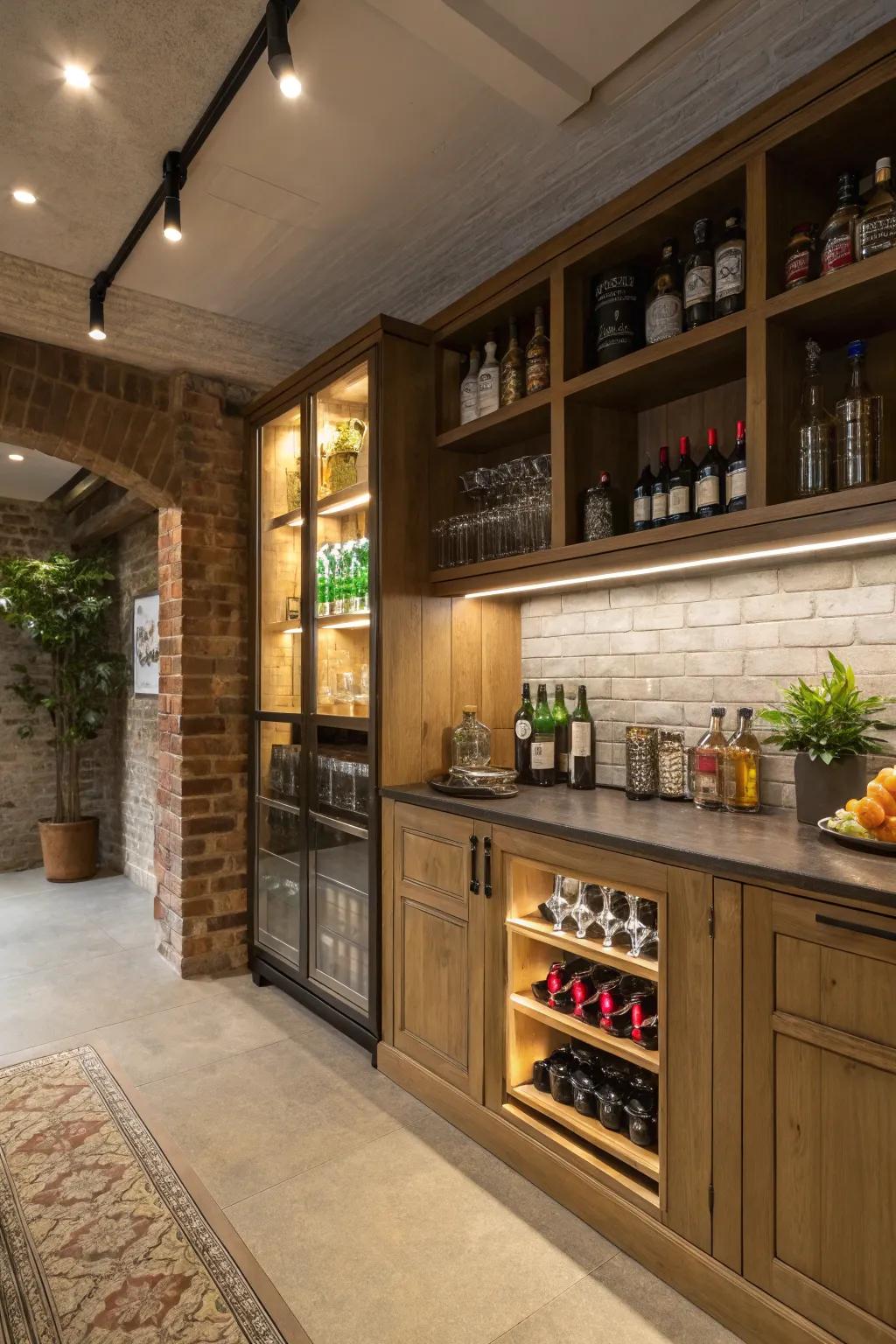 Stylish shelves and cabinets showcase your beverage collection.