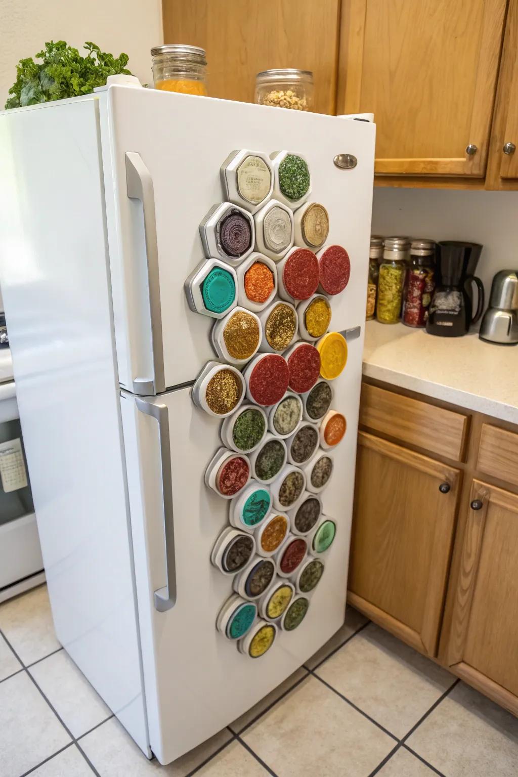 Magnetic spice jars add charm and utility to your kitchen.